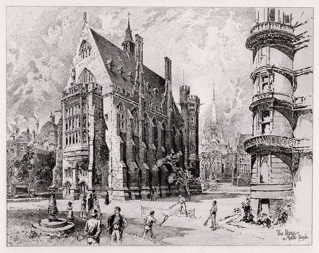 Herbert Railton The Library, Middle Temple 1892 etching: Herbert Railton. (English, 1857-1910). The Library, Middle Temple. Antique Hand pulled copper plate etching on wove paper. 1892. Excellent. Image Size 8 3/4 x 10 1/4 inches. Approximately 18 x 20 inch