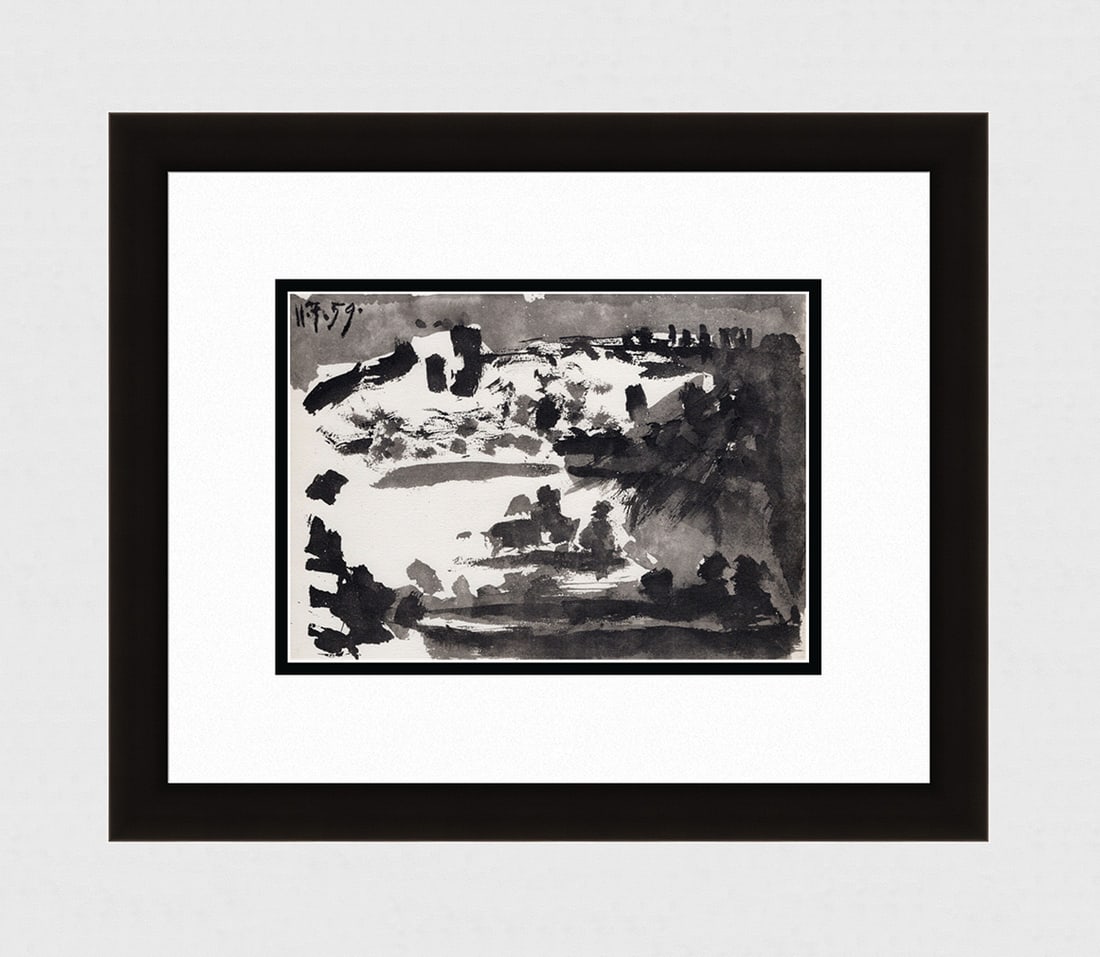 PABLO PICASSO 1961 Vintage Lithograph Bullfighting Arena FRAMED: Pablo Picasso (1881 - 1973). Bullfighting Arena XX (Plaza de Toros). Black and white offset lithograph, on Arches paper, after the original sketch. Atelier: Mourlot. Year 1961. Signature/Dated: Dated
