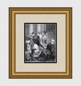 Gustave Dore 1800s Biblical Wood Engraving Jesus Cleanses the Temple FRAMED Signed