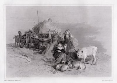Sir Edwin Henry Landseer 1876 engraving Harvest Time in the Scottish Highlands signed