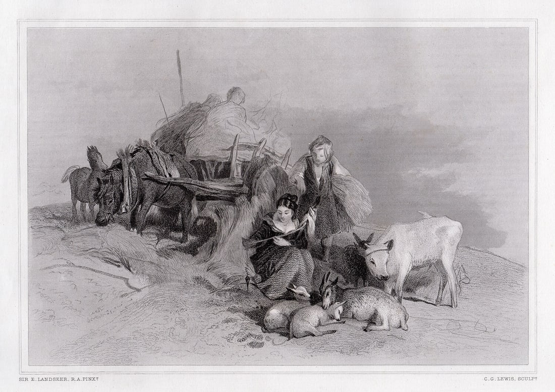 Sir Edwin Henry Landseer 1876 engraving Harvest Time in the Scottish Highlands signed: Sir Edwin Henry Landseer. (English, 1802-1873). Harvest Time in the Scottish Highlands. Antique Steel Engraving on wove paper after the original by Master Engraver Charles George Lewis (1808-1880). 18