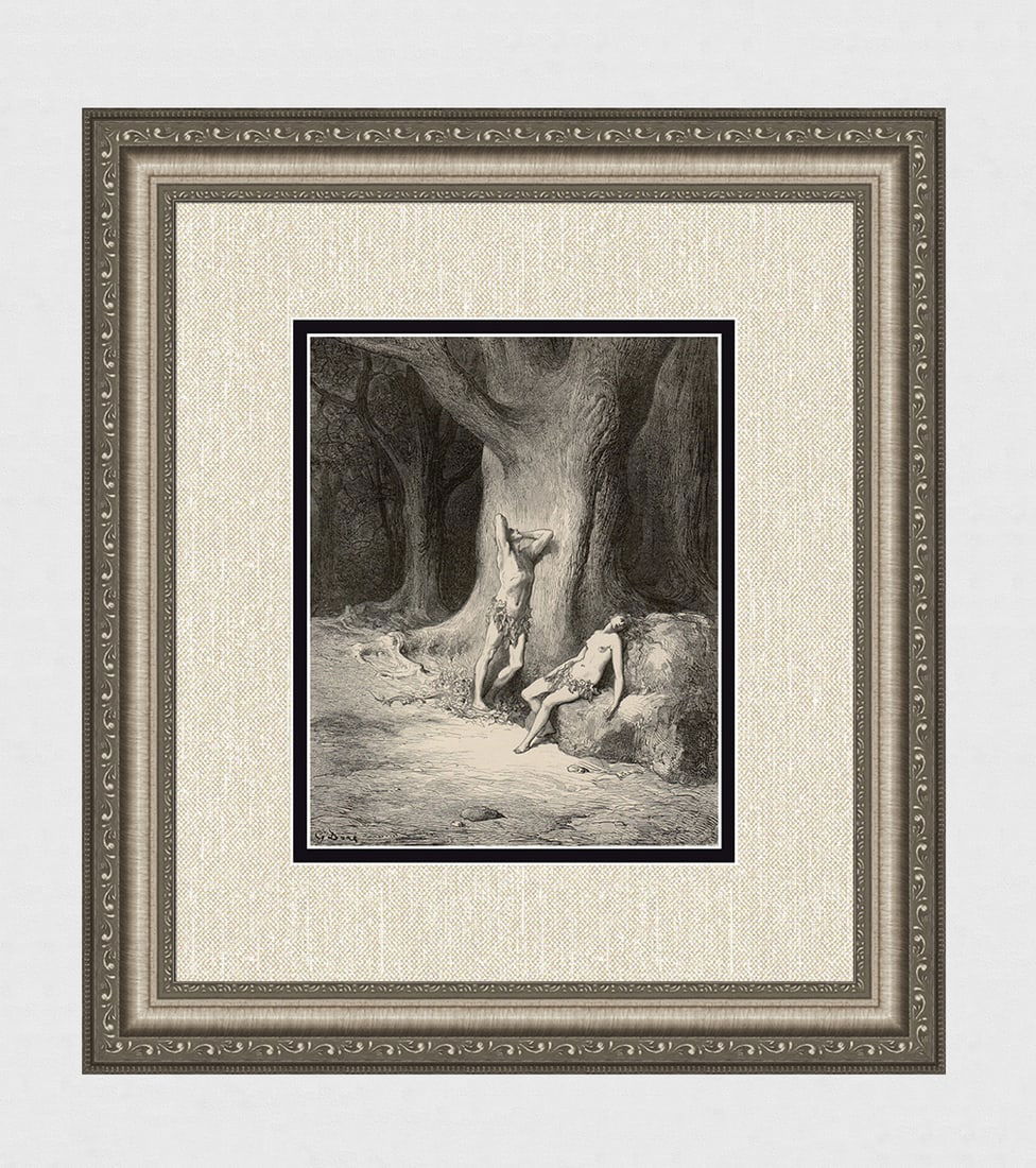Gustave Dore Sin's Consequences, Adam and Eve (Milton's Paradise Lost) c. 1880 Wood Engraving Signed: Gustave Dore. Adam and Eve, The Fall of Man (Milton's Paradise Lost). Antique Wood Engraving on wove paper executed by master wood engraver Adolphe Gusman (Gusmand) (French; 1821 - 1905). c. 1880. Sig