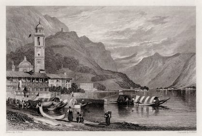 SAMUEL PROUT 1800s Antique Engraving View of Lake Como, Italy SIGNED Framed