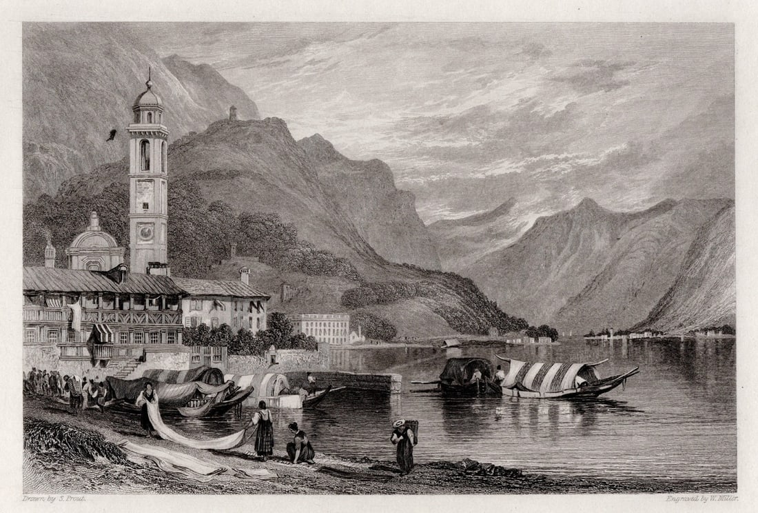 SAMUEL PROUT 1800s Antique Engraving View of Lake Como, Italy SIGNED Framed: Samuel Prout (British, 1783-1852). The Lake of Como. Antique engraving on wove paper after the original by master engaver William Miller (Scottish,1796-1882). Year: c.1845. Signed in the Plate. Image