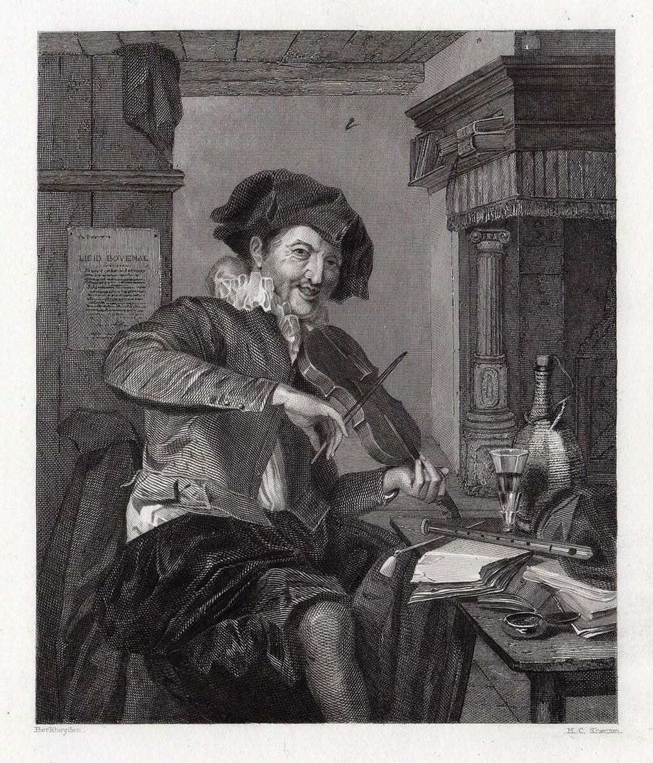 Gerrit Berckheyde The Happy Fiddler engraving signed: Gerrit Berckheyde. (Gerrit Adriaenszoon Berckheyde) (Dutch, 1638 - 1698). The Happy Fiddler. Antique steel engraving on wove paper after the original by Master Engraver Henry Chawner Shenton (English,