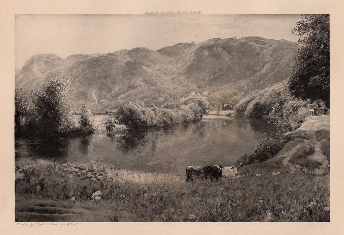 DAVID MURRAY SIGNED Antique Pastoral Print THE CHURCH POOL Framed: Sir David Murray (Scottish, 1849 - 1933). The Church Pool. Antique Heliogravure on wove paper after the original painting by a Master Engraver. Year: 1901. Signed in the plate. Image Size 6 1/2 x 9/78