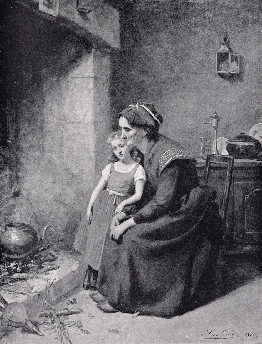 Leon Emile Caille 1800s Antique Print Before the Hearth SIGNED Framed COA: Leon Emile Caille (French, 1836 - 1907). Before the Hearth. Antique print after the original. Year: c. 1890. Signed in the plate, lower right. Image Size 7 7/8 x 10 3/8 inches. Framed dimensions appro