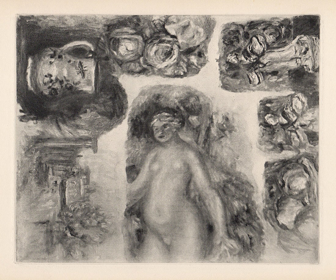 1919 Pierre Auguste Renoir Antique Engraving "Summer Studies" Framed: Pierre Auguste Renoir (1841 - 1919). Studies (Études). Antique copper plate heliogravure engraving on beau papier teinté hand pulled by Emile Fequet in Paris on December 15, 1919. Edition: One of 52