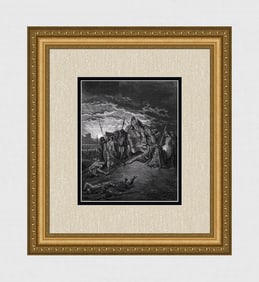 GUSTAVE DORE 1800s Religious Wood Engraving The Death of Ahab Signed FRAMED