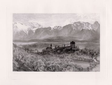 1800s ALFRED HUNT Engraving "View of Thun Castle, Switzerland" Framed
