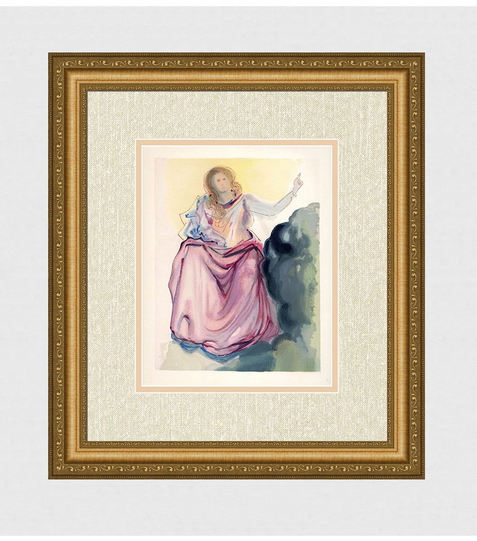 1960 Salvador Dali Beatrice Authentic Woodcut: Salvador Dali. (1904-1989). "Beatrice" Paradise Canto 4. Authentic Original Color Woodcut from The Divine Comedy Printed in 1960 on B.F.K. Rives Paper ( this is not a reproduction, copy, or reprint, b