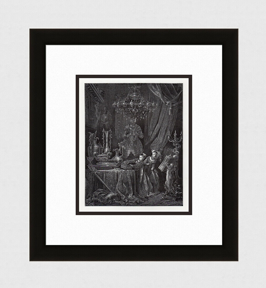 Gustave Dore Blue Beard III 1880 Wood Engraving Signed: Gustave Dore (Paul Gustave Louis Christophe Dore) (French, 1832-1883). Blue Beard III. Antique Wood Engraving on on thick wove paper after the original by a Master wood engraver. 1880. Signed in the p