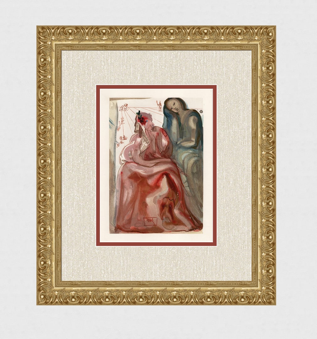 1960 Salvador Dali Confession Authentic Woodcut Signed: Salvador Dali. (1904-1989). "Dant'e Confession" Purgatory Canto 28. Block Engraved Signature. Authentic Original Color Woodcut from The Divine Comedy Printed in 1960 on B.F.K. Rives Paper ( this is no