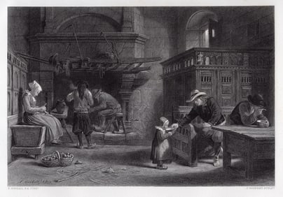 Frederick Goodall The Homely Meal - Brittany engraving signed