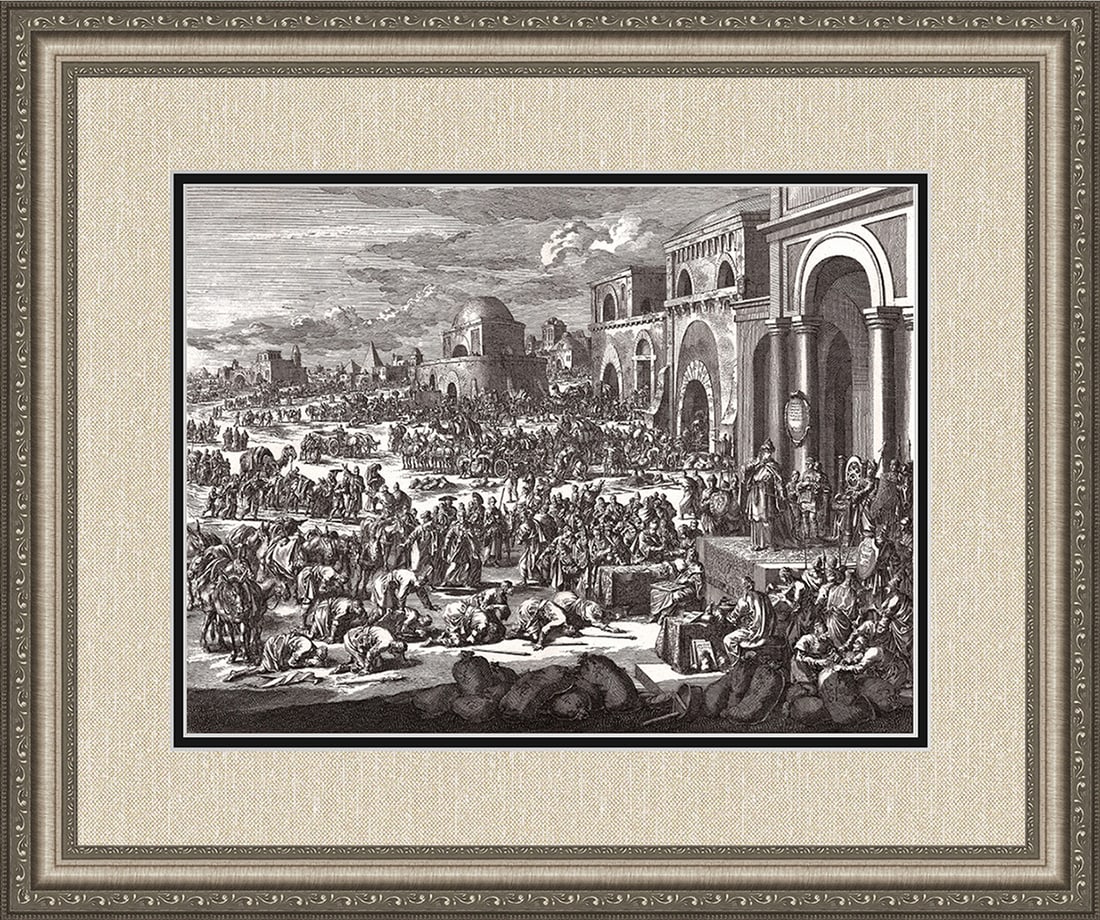 1747 Monumental Engraving Jan Luyken Joseph Sells Wheat to His Brothers Framed: Jan Luyken (Dutch, 1649 - 1712). Joseph Sells Wheat to His Brothers. Antique engraving on laid paper. Year: 1747. Publisher: Frans Houtteyn. Reference: Hollstein / Dutch and Flemish etchings, engravin