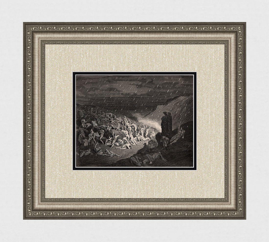 Gustave Dore Plain of Fire (Dante's Divine Comedy Enferno) c. 1880 Wood Engraving: Gustave Dore (Paul Gustave Louis Christophe Dore) (French, 1832-1883). Chant 14 Plain of Fire (Dante's Divine Comedy Enferno). Antique Wood Engraving on wove paper executed by master wood engraver Gas