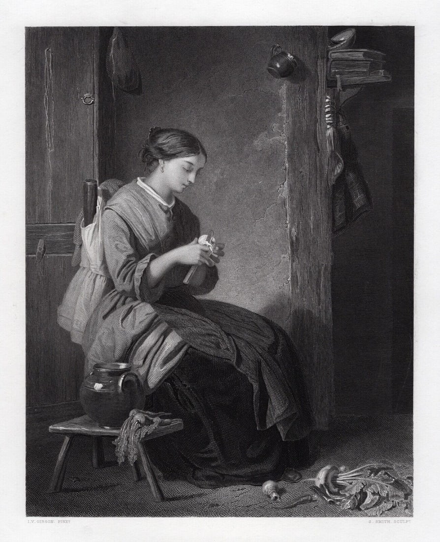 Joseph Vincent GIBSON SIGNED 1800s Engraving Cottage Interior FRAMED: Joseph Vincent Gibson (British, 1856 – 1888). The Cottagage Home. Antique engraving on wove paper after the original oil on milboard by master engraver Samuel S Smith (British, 1856-1888 fl). Year: