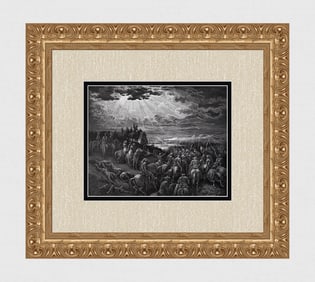 1800s Gustave DORE Biblical Wood Engraving JOSHUA STOPS THE SUN SIGNED FRAMED