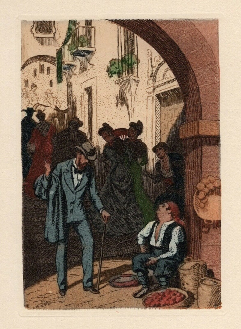 Jean Virolle 1930 Color Engraving "Carnival in Seville" Limited Framed: Jean Virolle (French, 1890 -). Carnival in Seville. Original color aquatint engraving on wove paper. Year: 1930. Limited to 3300. Image Size 3 5/8 X 5 3/8 inches. Framed dimensions approximately 13 x