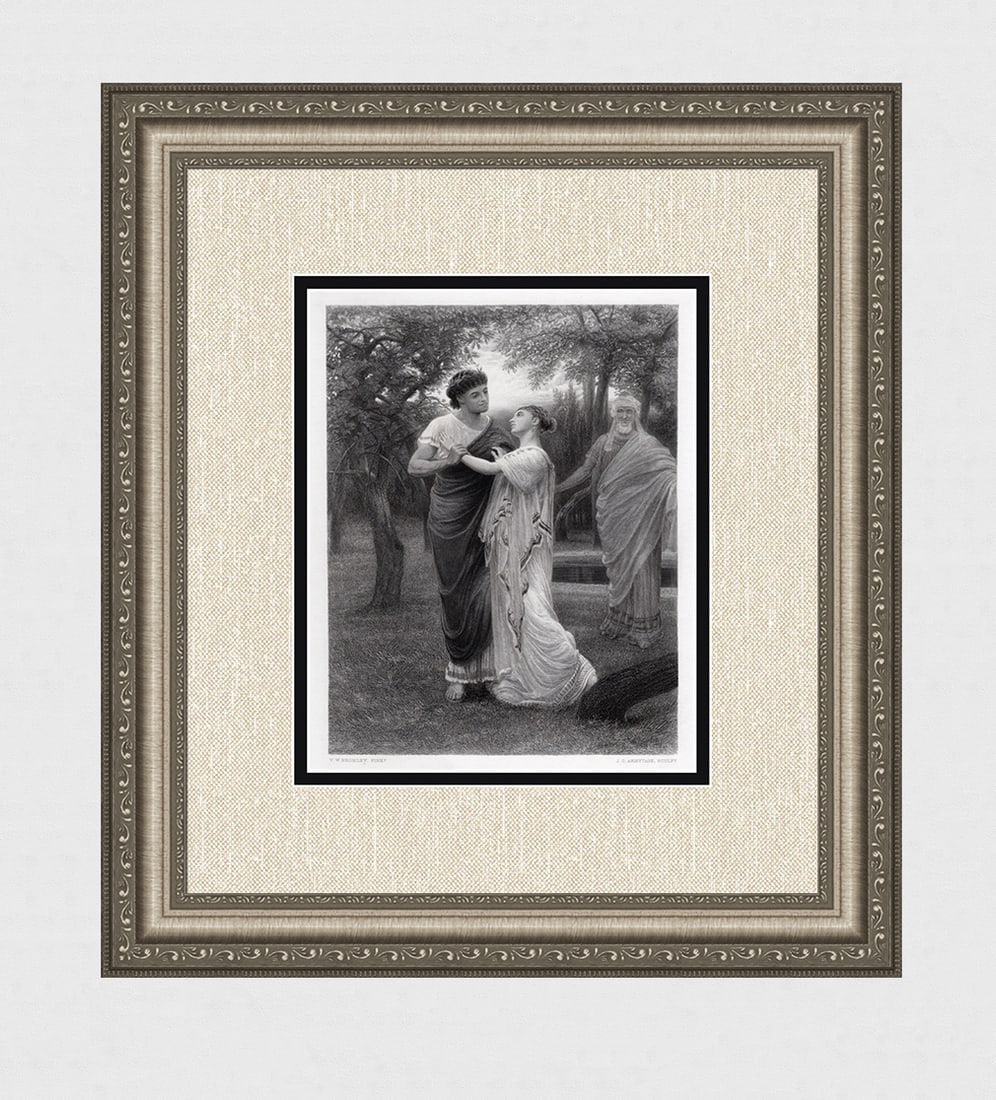 1800s Valentine Walter Bromley Engraving Troilus & Cressida Framed Signed: Valentine Walter Bromley (British, 1848 - 1877). Troilus and Cressida. Antique engraving on wove paper after the original by master engraver James Charles Armytage (English, c. 1802 - 1897). Year: 187