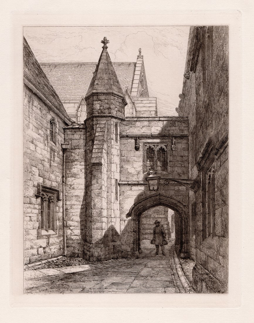 Robert Kent Thomas 1879 etching Merton College signed: Robert Kent Thomas. (British, 1816-1884). Merton College. Antique Etching on laid paper. 1879. Signed in the plate, lower right. Excellent. Image Size 7 3/8 x 9 1/4 inches. Approximately 17 x 18 inche