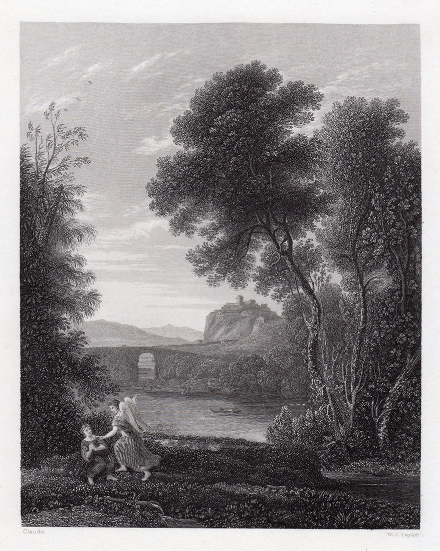 Claude Lorrain Hagar and the Angel engraving signed: Claude Lorrain. (born Claude Gelle traditionally just Claude in english) (French, c. 1600-23-1682). Hagar and the Angel. Antique Steel Engraving on Wove Paper after the original oil on canvas Engraver