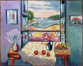 Exceptional Jean Calude Picot Sailboats - Interior Oil Painitng 28 x 36 inches