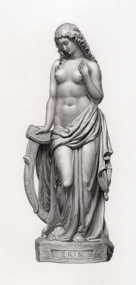 William James O'Doherty 1800s Engraving Nude with an Irish Harp Framed: William James O'Doherty (British, 1835-1868). Erin. Antique engraving on wove paper after the original by master engraver T.W Knight (British, 1840-1860 fl.). Year: 1861. Image size 3 x 8 inches. Fram