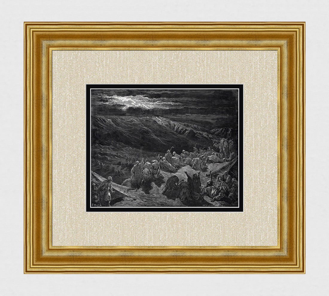 1800s SIGNED GUSTAVE DORE'S BIBLE Wood Engraving The LORD Visits Sinai FRAMED: Gustave Dore (Paul Gustave Louis Christophe Dore) (French, 1832-1883). The Giving of the Law Upon Mount Sinai (from Dore's Bible). Antique Wood Engraving on wove paper executed by master wood engraver