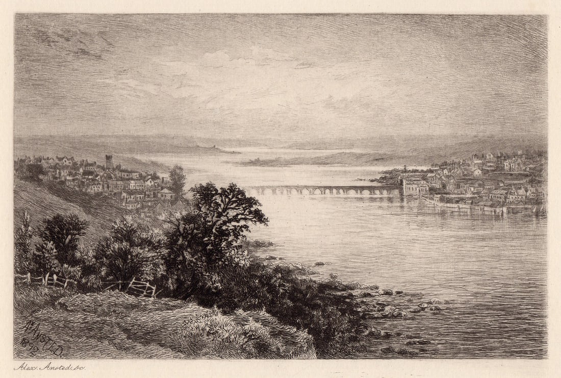 Alexander Ansted 1893 etching Bideford and the Torridge signed: Alexander Ansted. (William Alexander Ansted ) (c.1859 - 1948). Bideford and the Torridge. Antique Etching on thick wove paper from the original copper plate. 1893. Signed in the plate, lower left. Exc