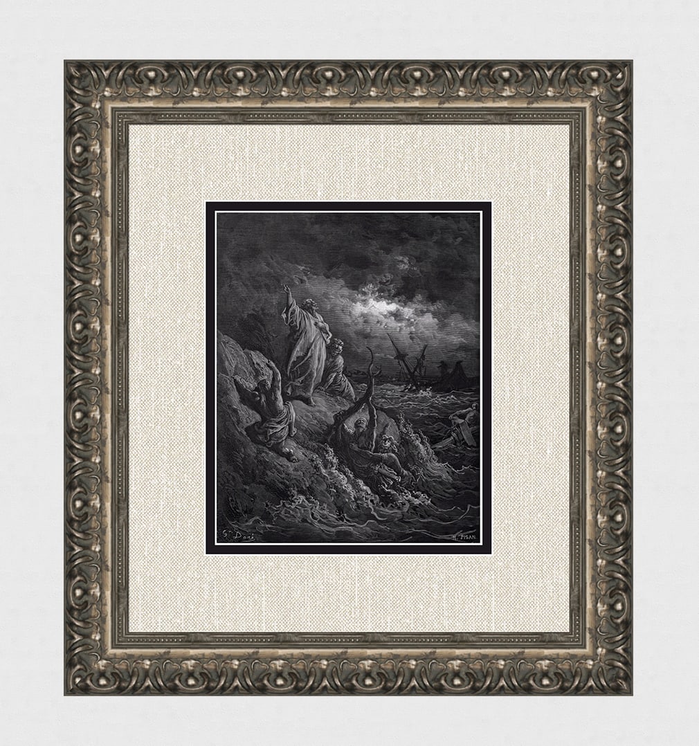 SIGNED 1800s GUSTAVE DORE Biblical Woodcut St. Paul Shipwrecked on Malta FRAMED: Gustave Dore(Paul Gustave Louis Christophe Dore) (French, 1832-1883). Saint Paul approaching the Island of Malta (from Dore's Bible). Antique woodcut wove paper after the original by a master wood eng