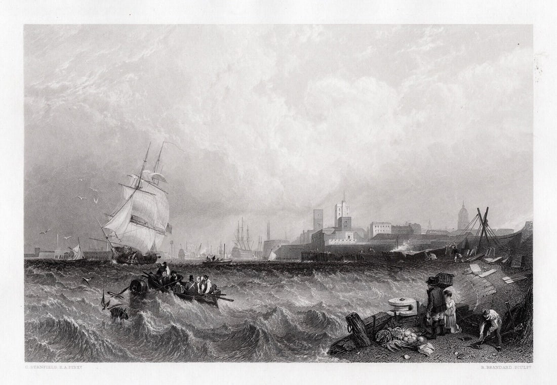 CLARKSON STANFIELD 1800s Engraving PORTSMOUTH HARBOUR Framed: Clarkson Frederick Stanfield (English, 1793-1867). Portsmouth Harbour. Antique engraving on wove paper after the original oil on canvas by master engraver Robert Brandard (British, 1805-1862). Year: 1