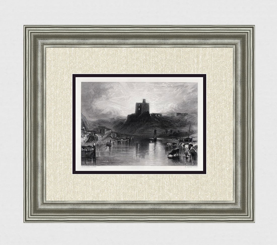 1800s William Turner Engraving Historic Norham Castle Signed Framed: Joseph Mallord William Turner (English, 1775-1851). Norham Castle. Antique engraving on wove paper after the original by master engraver William Chapman (British, 1817-1873 or later). Year: 1870. Refe
