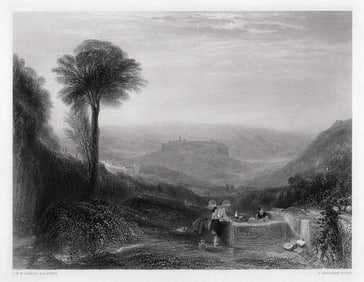 1800s JMW TURNER Engraving "View of Orvieto" FRAMED SIGNED