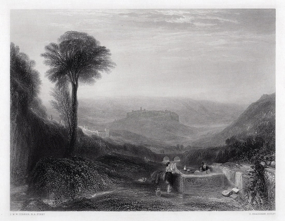 1800s JMW TURNER Engraving "View of Orvieto" FRAMED SIGNED: Joseph Mallord William Turner (English, 1775-1851). View Of Orvieto. Antique engraving on wove paper after the original by master engraver Samuel Bradshaw (British; 1832-1880 fl.). Year: 1864. Signed