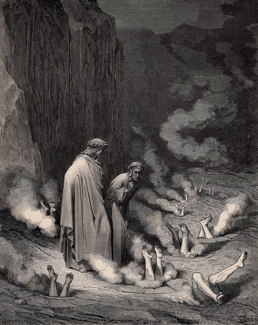 Gustave Dore The Simonists (Dante's Divine Comedy Enferno) c. 1880 Woodcut: Gustave Dore (Paul Gustave Louis Christophe Dore) (French, 1832-1883). Chant 19. The Simonists (Dante's Divine Comedy Enferno). Antique woodcut wove paper after the original by master wood engraver St
