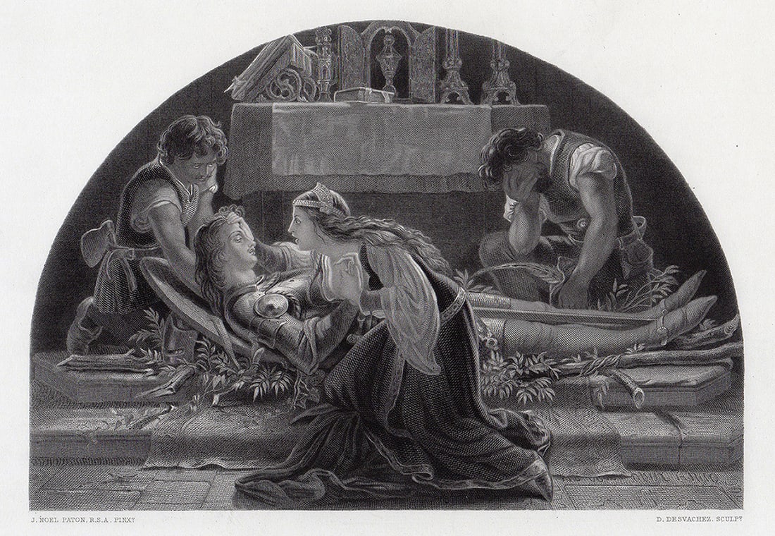 Joseph Paton 1863 Engraving Barthram's Dirge Signed: Joseph Noel Paton (1821 - 1921). Bartham's Dirge. Antique engraving on wove paper after the original by master engravers D. Desvachez. 1863. Excellent. Image size 6 3/4 x 9 3/4 inches. Approximately 1