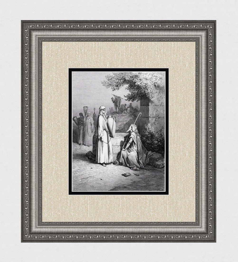 FRAMED 1800s Gustave DORE Religious Woodcut REBEKAH AT THE WELL Signed: Gustave Dore (Paul Gustave Louis Christophe Dore) (French, 1832-1883). Eliezer and Rebekah at the Well (from Dore's Bible). Antique woodcut wove paper after the original by a master wood engraver Anto