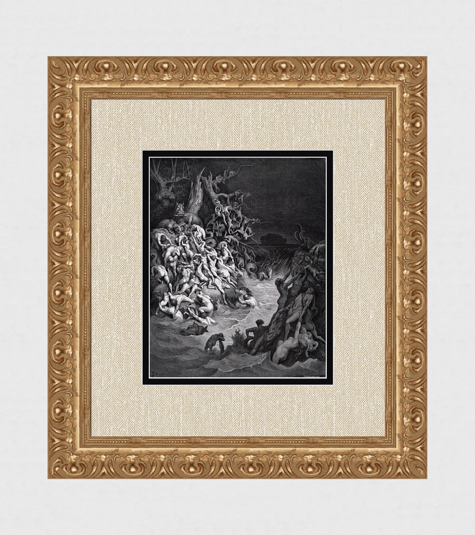 1800s Gustave DORE SIGNED Religious Wood Engraving The Duration of the Flood FRAMED: Gustave Dore (Paul Gustave Louis Christophe Dore) (French, 1832-1883). The World destroyed by Water (from Dore's Bible). Antique Wood Engraving on wove paper after the original by a master wood engrav