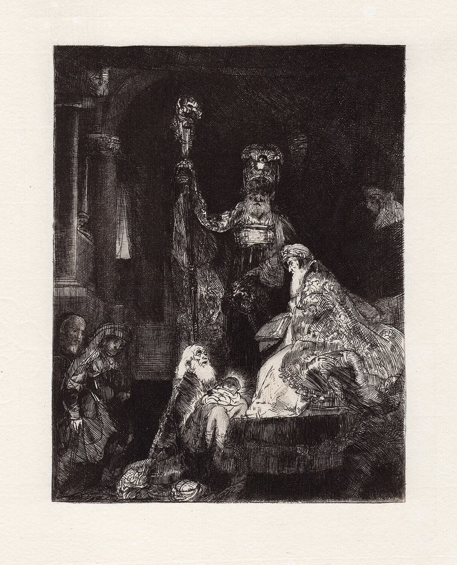 1800s REMBRANDT Etching B50 THE PRESENTATION IN THE TEMPLE Framed: After Rembrandt Harmenszoon Van Rjin (1606-1669). The Presentation in the Temple. Hand pulled copper plate etching on laid paper after the original by a master etcher. Year: c. 1880 (This print is fro
