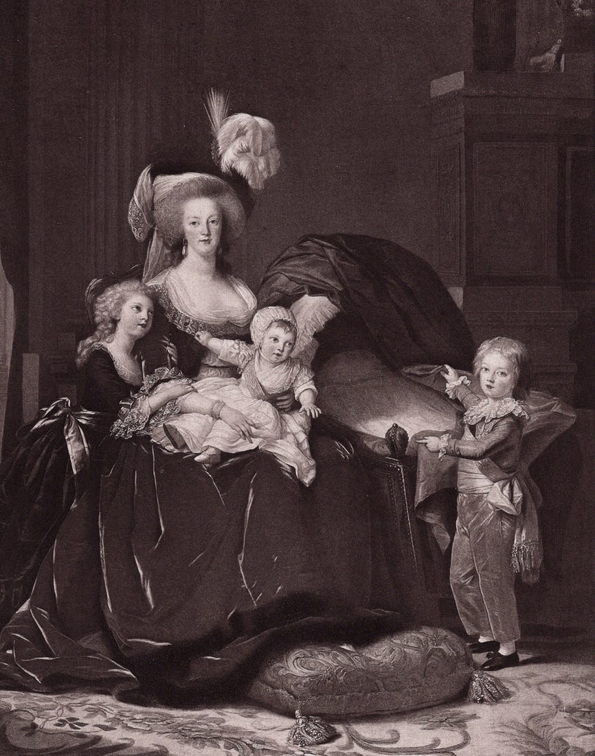 VIGEE LE BRUN 1800s Antique Marie Antoinette Family Portrait Framed: Elisabeth Louise Vigee Le Brun (also known as Madame Le Brun) (French, 1755 - 1842). Marie Antoinette and Her Children. Antique heliogravure on thick wove paper after the original painting by a Master