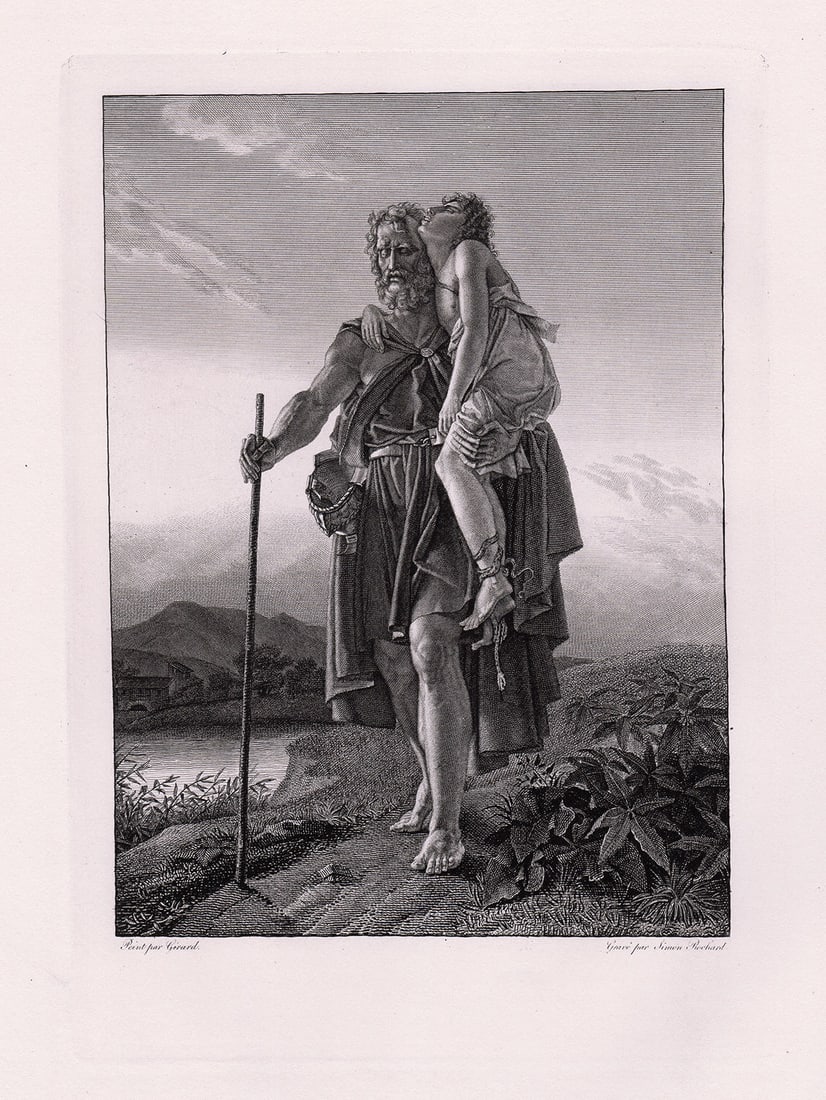 Andre Girard Belisarius (The Blind Belisarius) 1882 engraving: Andre Girard. (French, 1901-1968). Belisarius (The Blind Belisarius). Antique Engraving on wove paper after the original by master engraver Simon Jacques Rochard (1788-1872). 1882. Signed in the plate