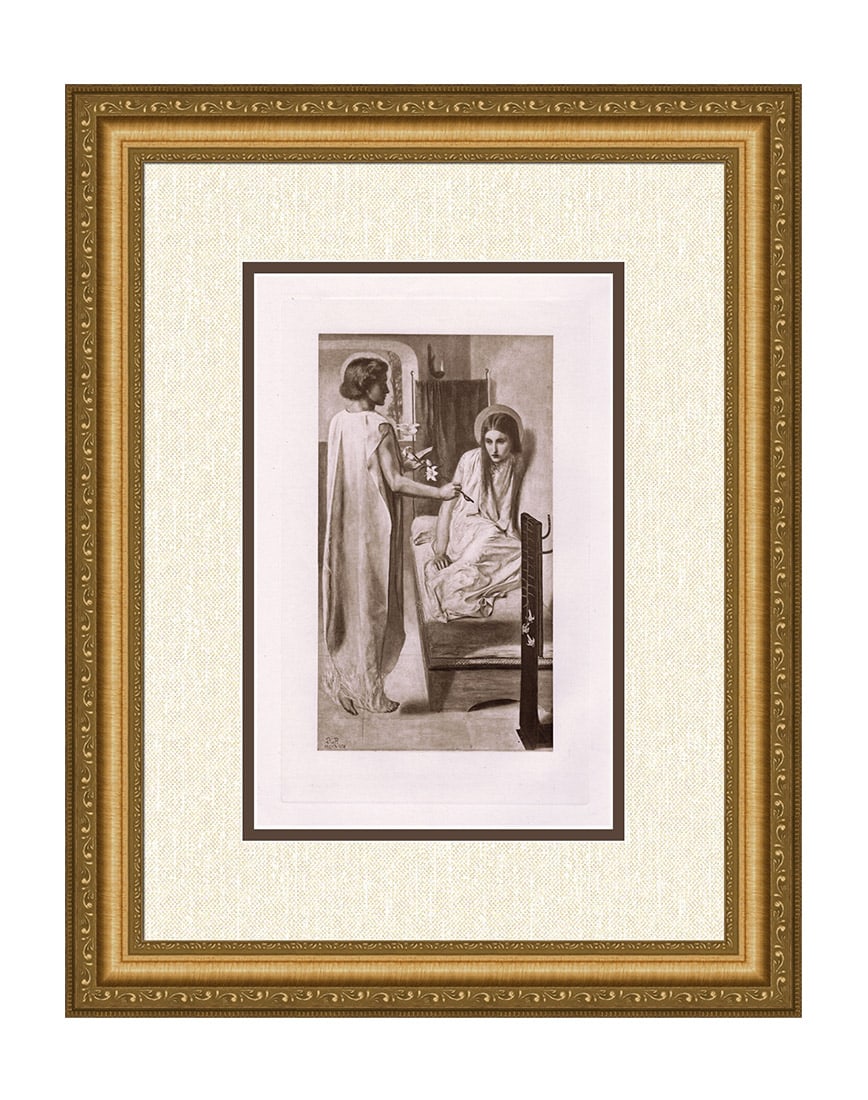 Dante Gabriel Rossetti 1888 The Annunciation signed: Dante Gabriel Rossetti. (English, 1828-1882). Ecce Ancilla Domini (Behold the Handmaiden of the Lord) or The Annunciation. Antique Heliogravure on wove paper after the original painting in the Tate Br