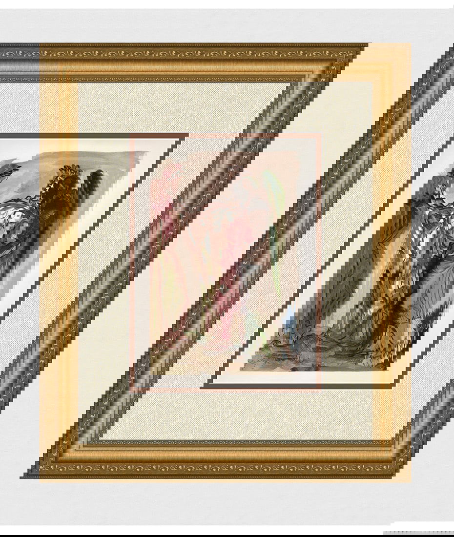 1960 Salvador Dali Proud Ones Authentic Woodcut: Salvador Dali. (1904-1989). "The Proud Ones" Purgatory Canto 11. Authentic Original Color Woodcut from The Divine Comedy Printed in 1960 on B.F.K. Rives Paper ( this is not a reproduction, copy, or re