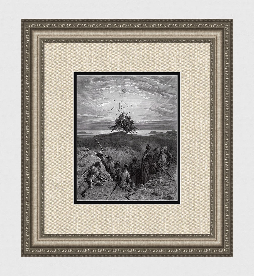 FARMED 1800s Gustave DORE Woodcut The Christian Champions SIGNED: Gustave Dore (Paul Gustave Louis Christophe Dore )(French, 1832-1883). The Christian Champions Orlando, Brandimarte and Oliviero combat the valiant Moors Gradasso, Agramante and Sobrino. (From Orlando