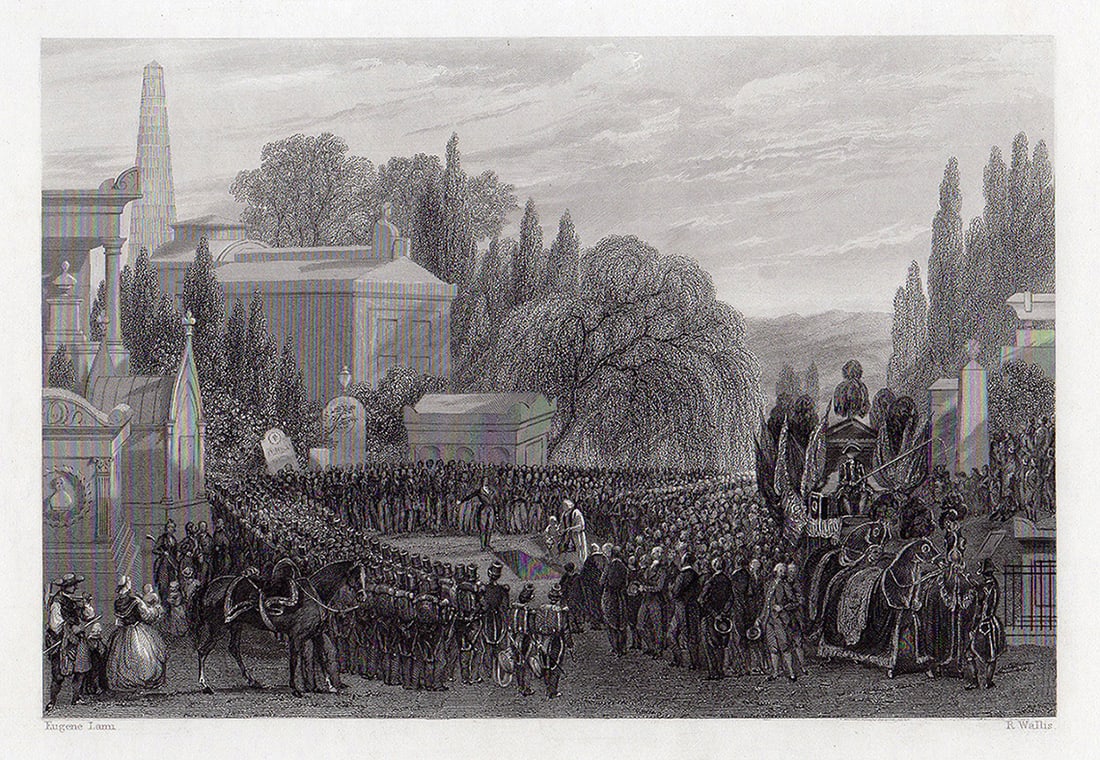 Eugene Lami Antique Engraving Pere Lachaise: Eugene Louis Lami (1800 - 1890). Pere Lachaise, Paris France. Antique engraving on wove paper after the original by master engraver Robert Wallis (English, 1794 - 1878). c. 1840. Signed in the plate.