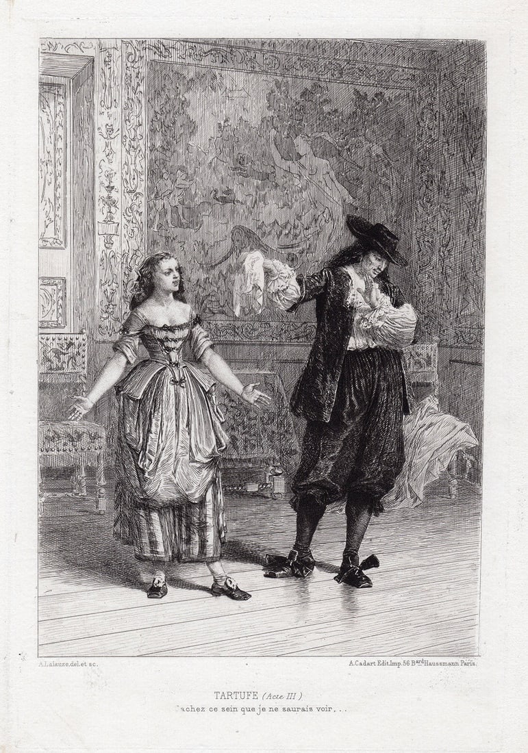 Adolphe Lalauze The Imposto 1880 etching: Adolphe Lalauze. (French, 1838 -1906). Tartufe (Tartuffe, or The Impostor, or The Hypocrite). Antique copper plate etching on laid paper. c. 1880. Signed in the plate. Excellent. Alfred Cadart (French