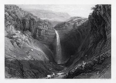 SIGNED 1800s JMW TURNER Engraving Water Fall Landscape with Cows FRAMED