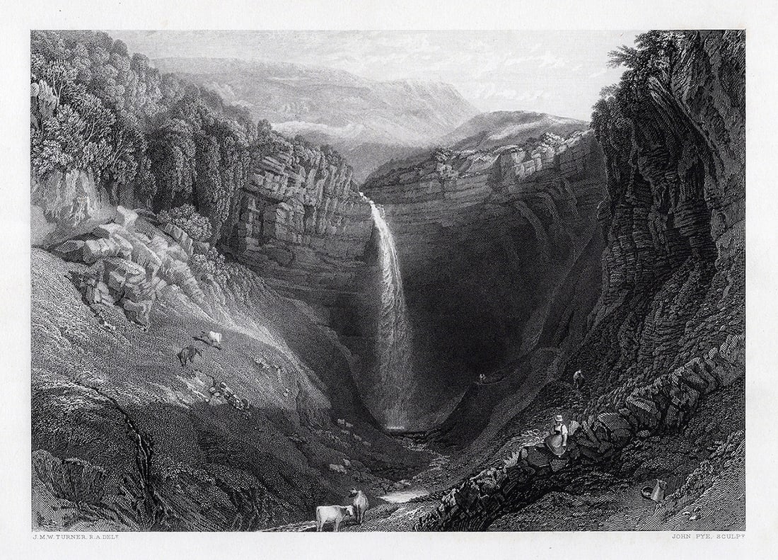 SIGNED 1800s JMW TURNER Engraving Water Fall Landscape with Cows FRAMED: Joseph Mallord William Turner (English, 1775-1851). Hardraw Fall. Antique engraving on wove paper after the original by master engraver John Pye, the younger (British, 1782-1874). Year: 1878. Signed i