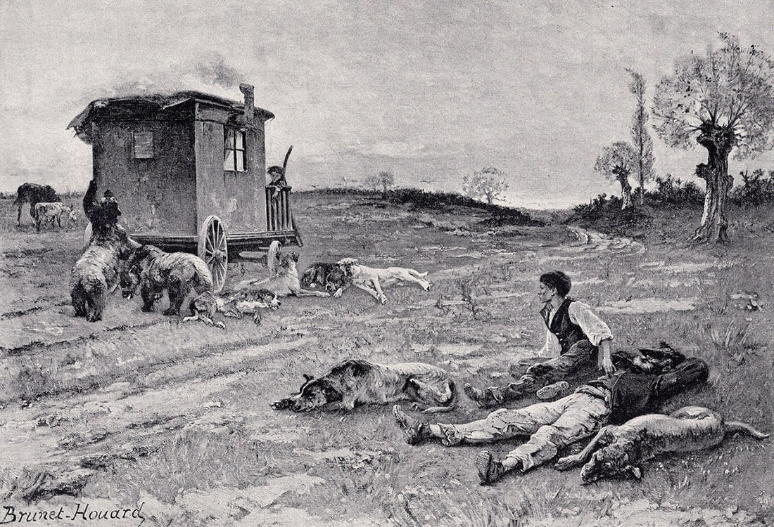 1800s Brunet-Houard Antique Print Noonday Rest Framed Signed: Pierre Auguste Brunet-Houard (French, 1829-1922). A Traveling Show. Antique print after the original. Year: c. 1890. Signed in the plate, lower left. Image Size 7 x 10 inches. Framed dimensions approx